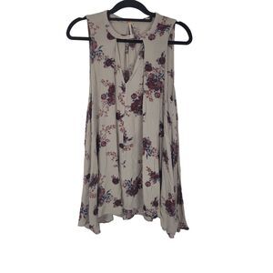 Free People Coquette Blouse XS Womens Tan Floral Sleeveless Keyhole Front